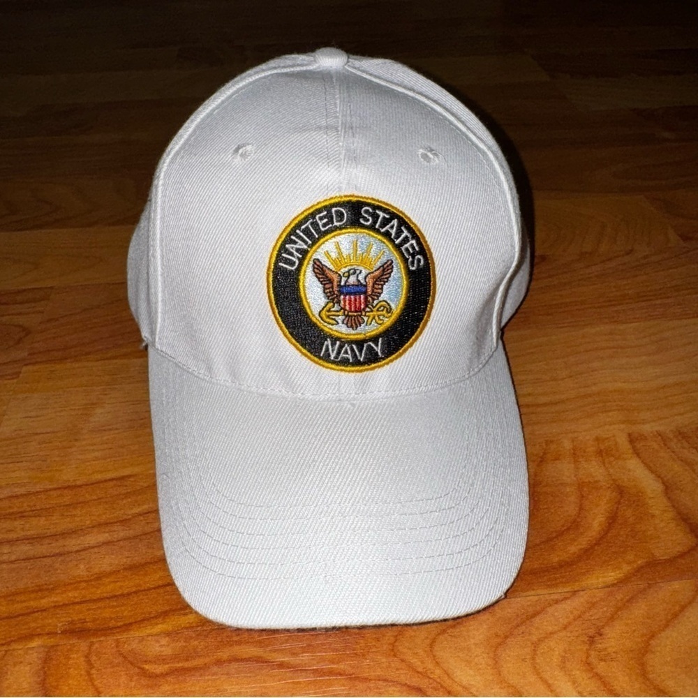 Vtg United States Navy White Embroidered Hat Adjustable Cap “NAVY” On Strap